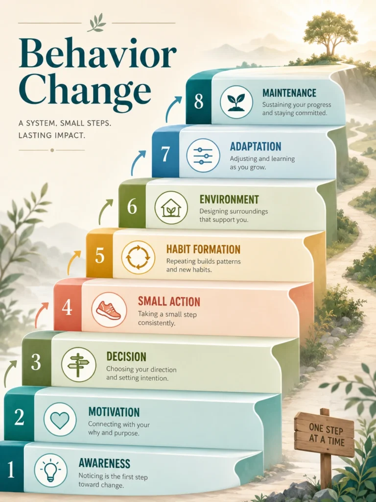 Key Layers of Behavior Change Behavior Change key layers with awareness, motivation, action, habit formation, adaptation, and maintenance