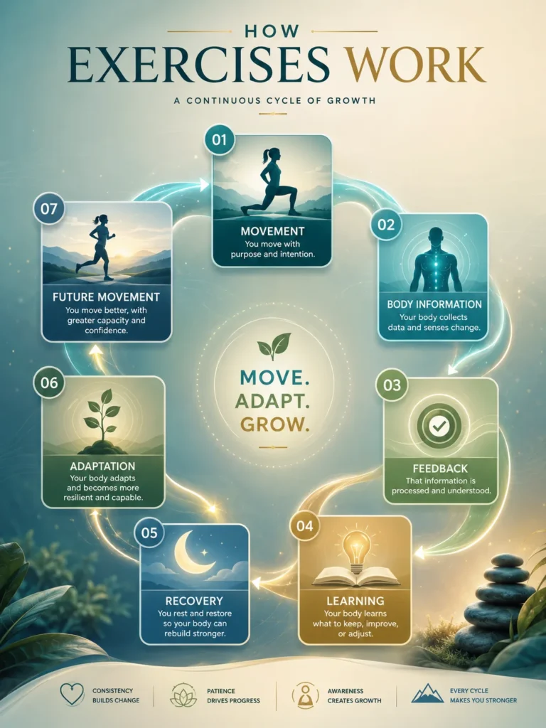 How Exercises Work How Exercises work infographic showing movement, body information, feedback, learning, recovery, and adaptation.