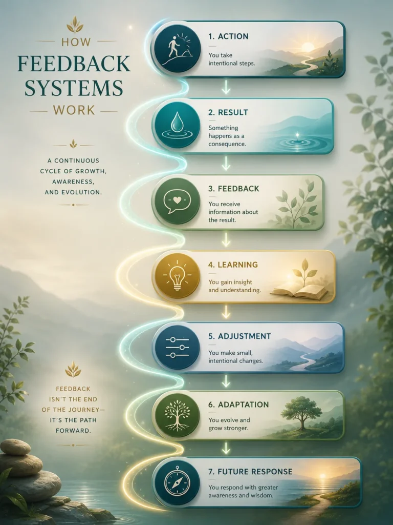 How Feedback Systems Work How Feedback Systems work infographic showing action, result, feedback, learning, adjustment, adaptation, and future response.