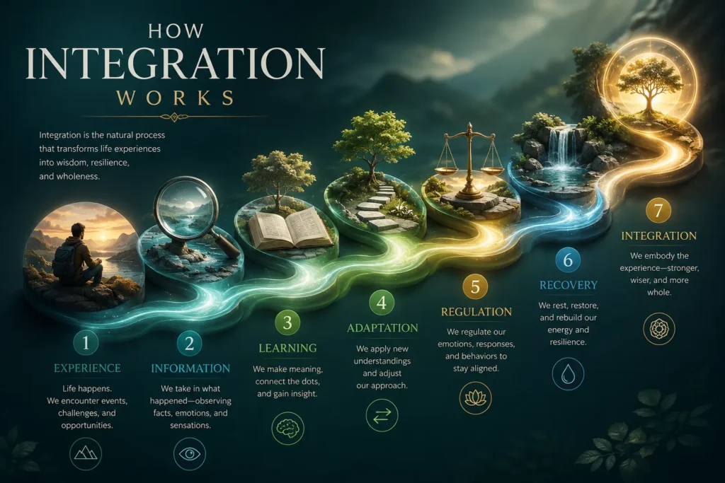How Integration Works in Learning and Recovery Flow diagram showing experience, learning, adaptation, regulation, recovery and integration.