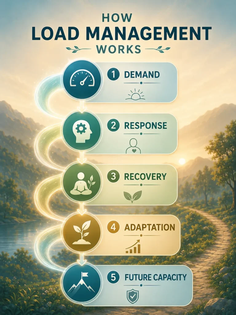 How Load Management works infographic showing demand, response, recovery, adaptation, and future capacity.
