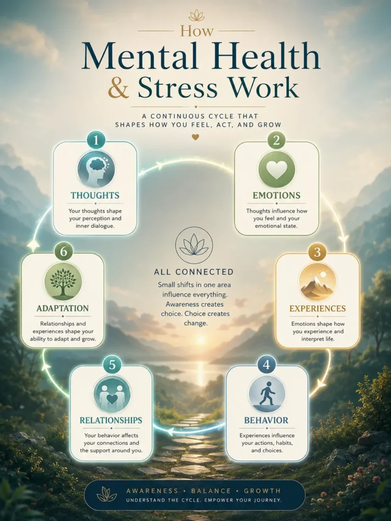 How Mental Health and Stress Work How Mental Health and Stress work infographic showing thoughts, emotions, behavior, experiences, and adaptation.