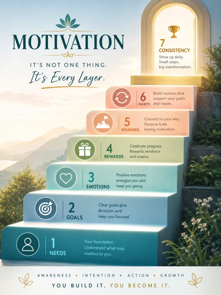 Key Layers of Motivation Key layers of motivation including needs, goals, emotions, rewards, habits, and consistency