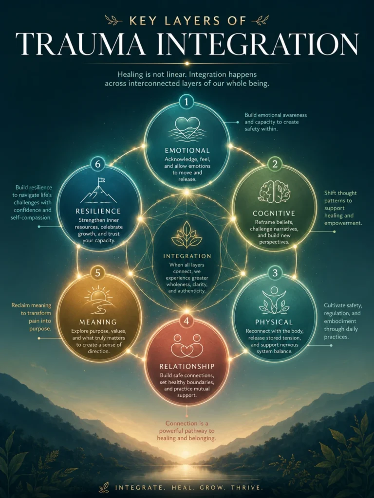 Key Layers of Trauma Integration Infographic showing emotional, cognitive, physical, relationship, meaning, and resilience layers of Trauma Integration.