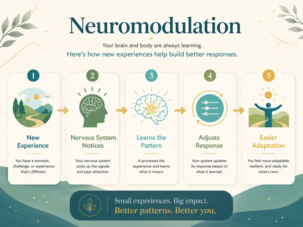 Neuromodulation Plain Meaning Infographic Plain meaning infographic explaining Neuromodulation as nervous system adjustment through learning and experience.