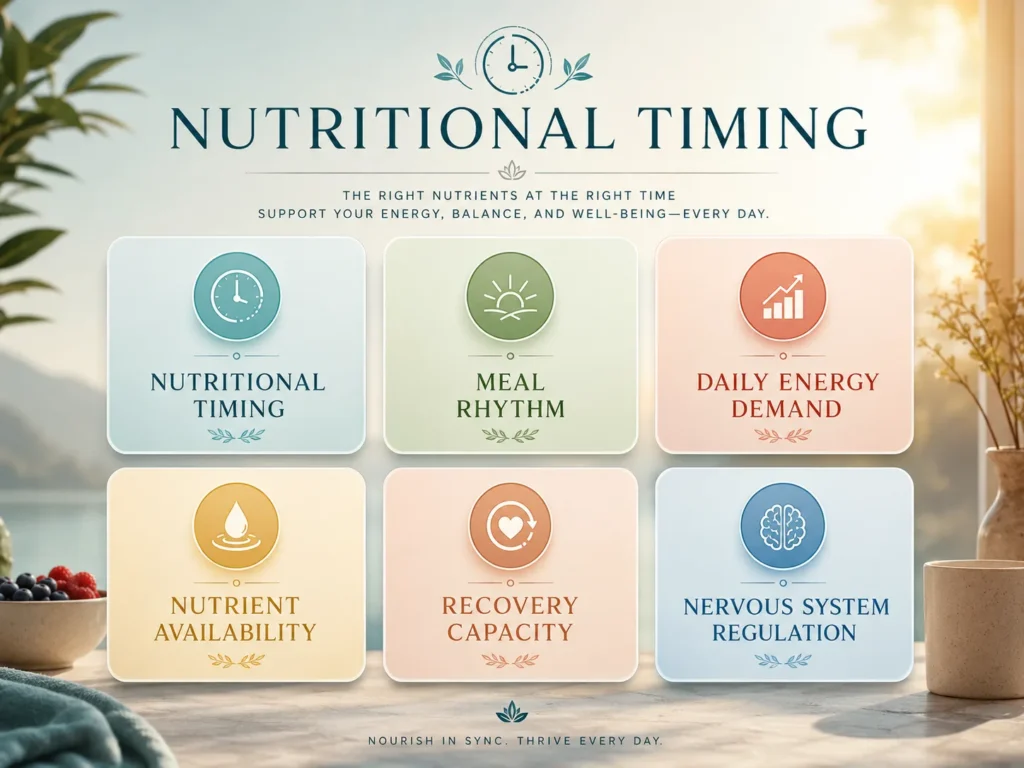 Nutritional Timing Plain Meaning Glossary Nutritional Timing glossary image with simple cards for meal rhythm, daily energy demand, nutrient availability, recovery capacity, and nervous system regulation.