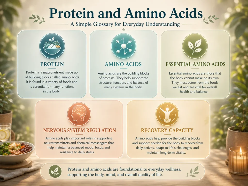 Protein and Amino Acids glossary image with simple cards for protein, amino acids, essential amino acids, and recovery capacity.