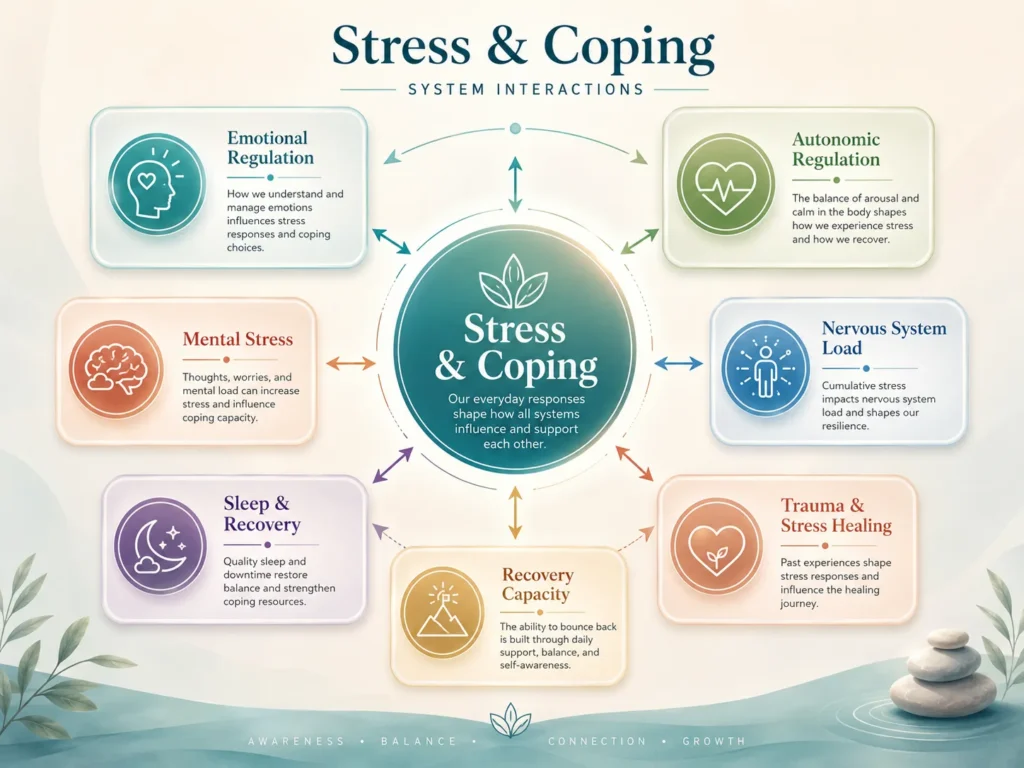 Stress & Coping System Interactions Stress & Coping interactions with emotion, sleep, trauma, recovery capacity, and autonomic regulation