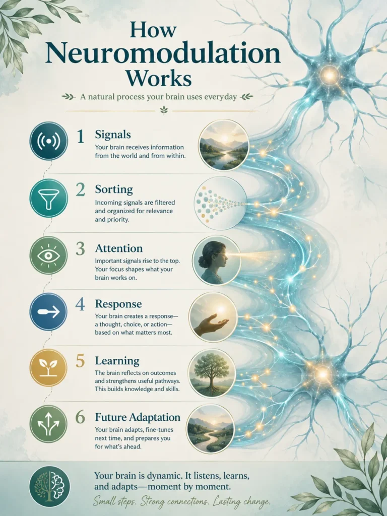 How Neuromodulation Works How Neuromodulation works infographic showing signals, attention, learning, recovery, and adaptation.