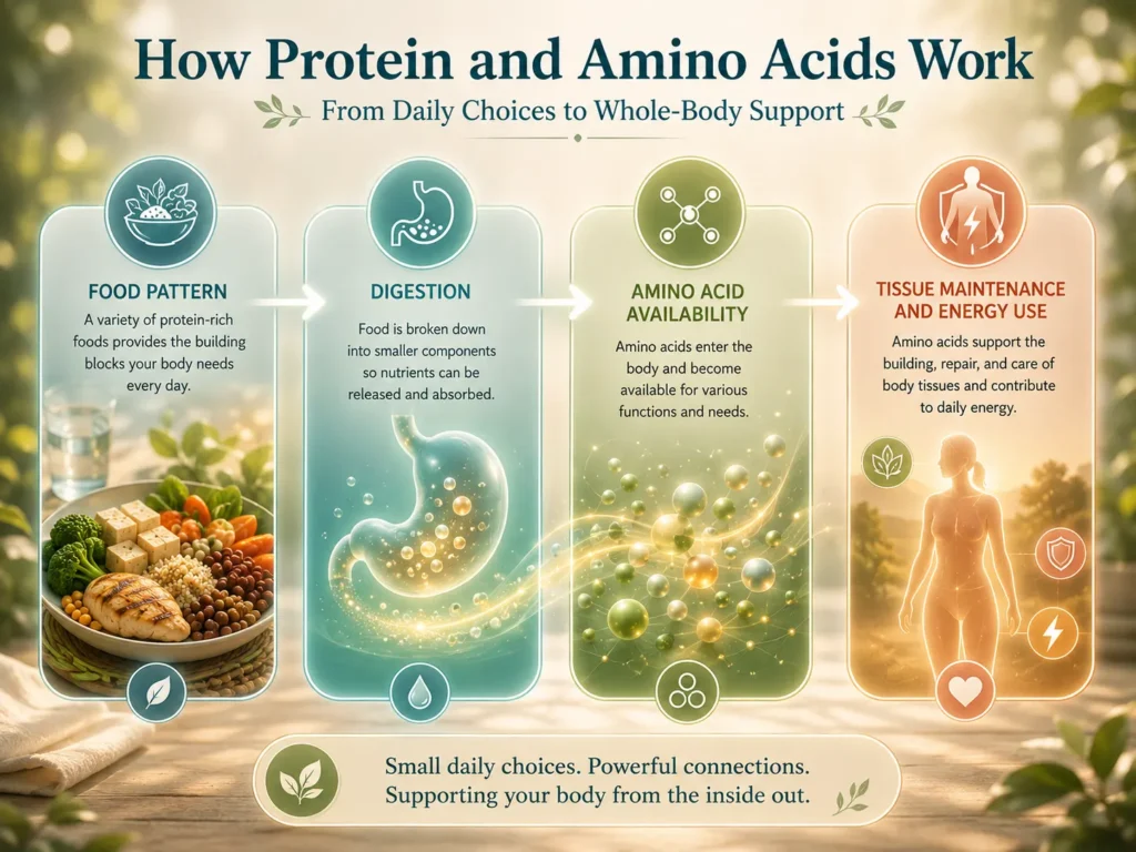 How Protein and Amino Acids work image showing food, digestion, amino acid availability, and tissue maintenance.