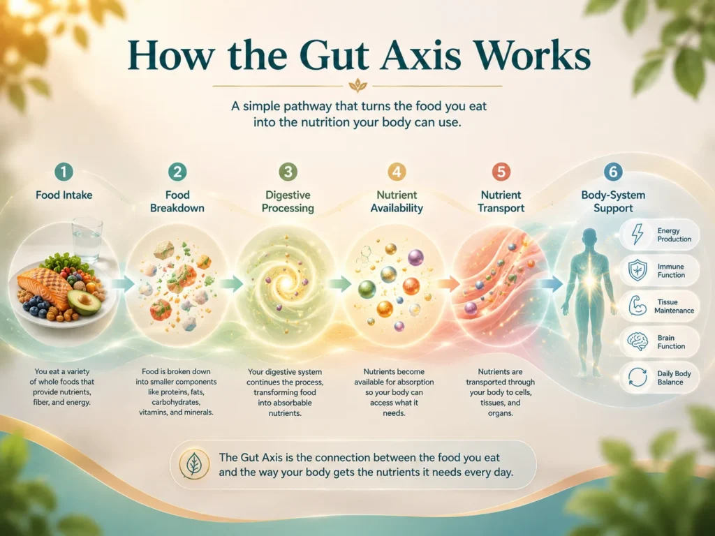 How the Gut Axis Works How the Gut Axis works image showing food intake, digestion, absorption, nutrient transport, and body support.