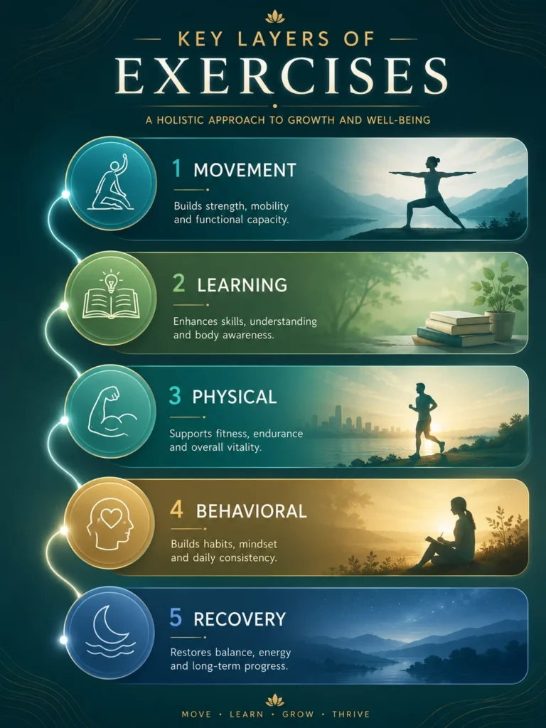 Key Layers of Exercises Key layers of Exercises showing movement, learning, physical effort, behavior, habits, and recovery.