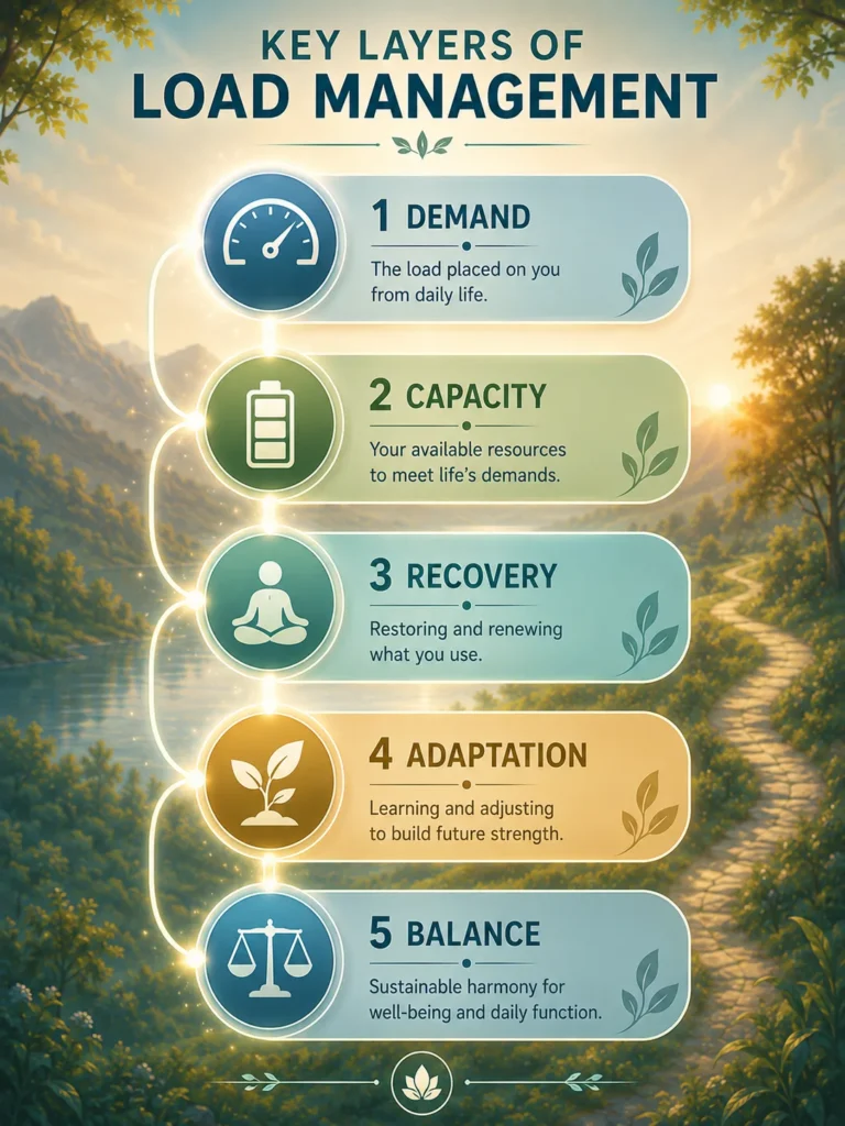 Key layers of Load Management showing demand, capacity, recovery, adaptation, and balance.