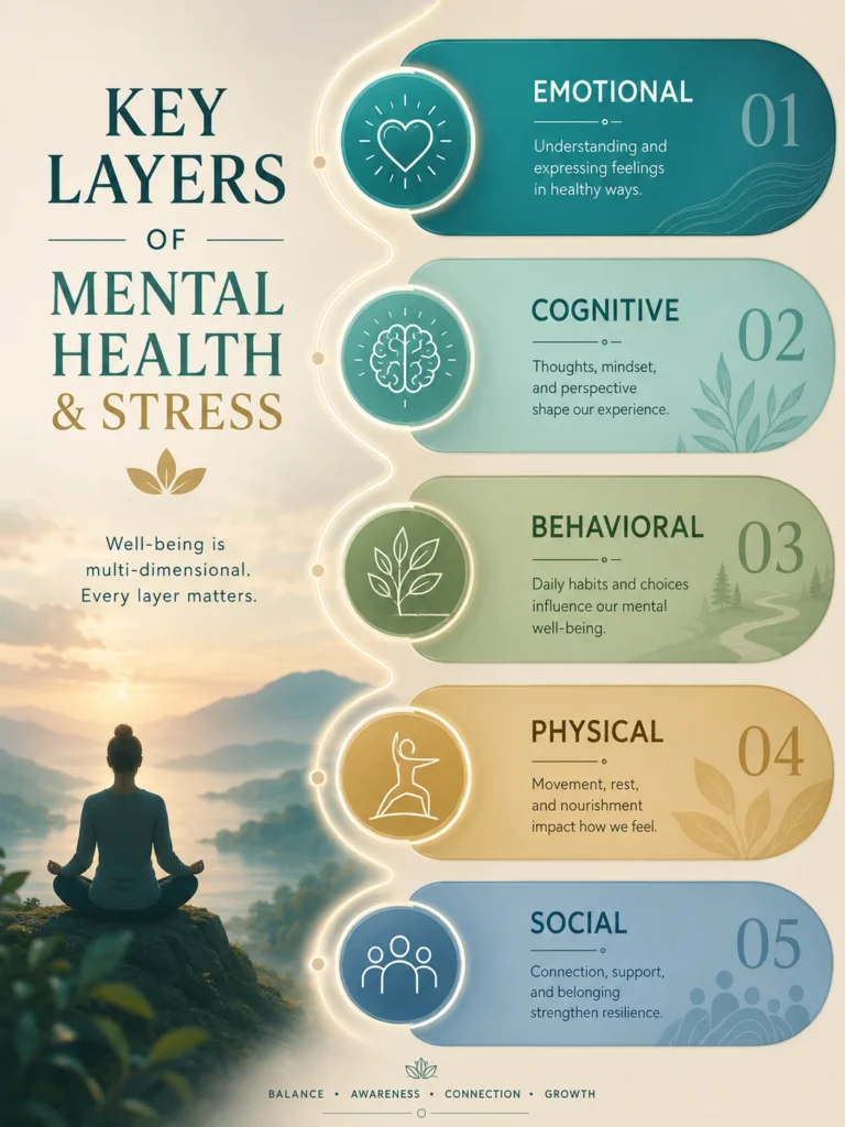 Key Layers of Mental Health and Stress Key layers of Mental Health and Stress showing emotional, cognitive, behavioral, physical, and social connections.