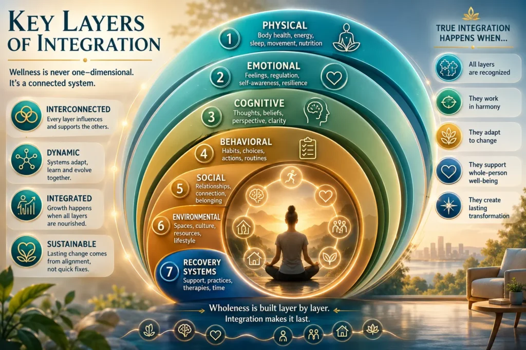 Key Layers of Integration Across Human Systems Layered infographic showing physical, emotional, cognitive, behavioral, social and environmental systems.