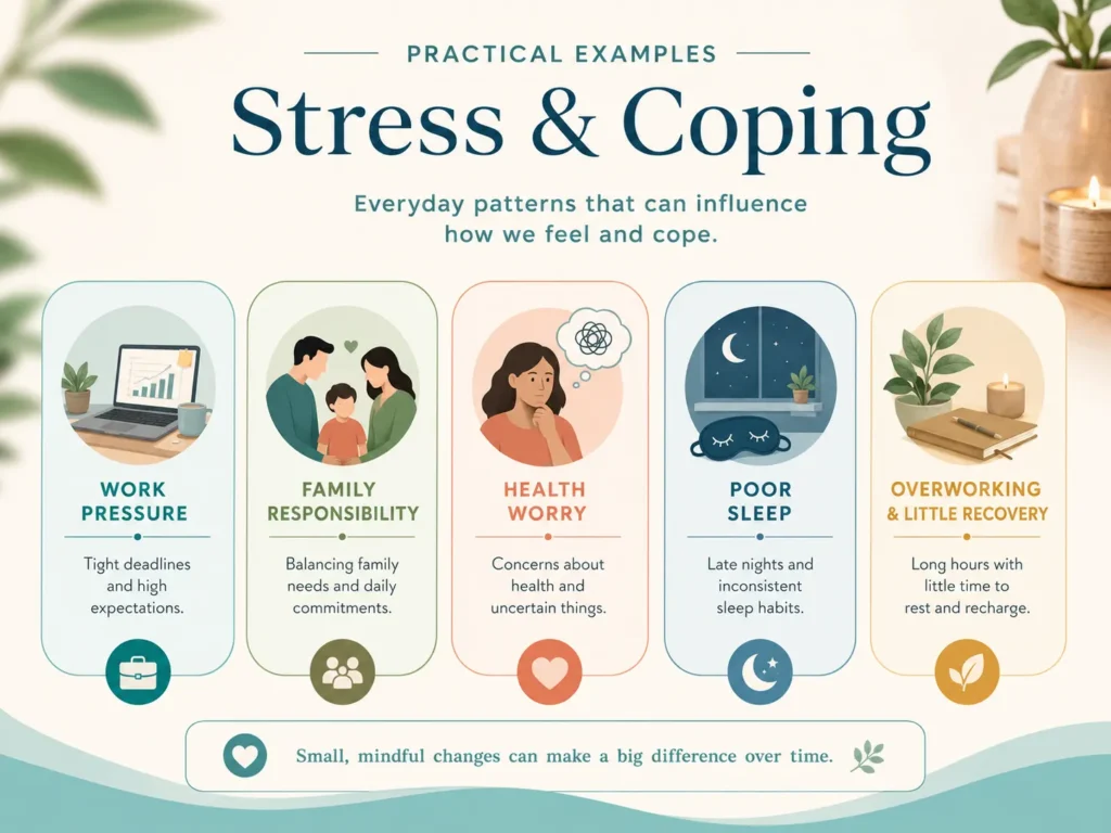 Stress & Coping Daily-Life Examples Stress & Coping daily-life examples with work pressure, worry, sleep, family responsibility, and overworking