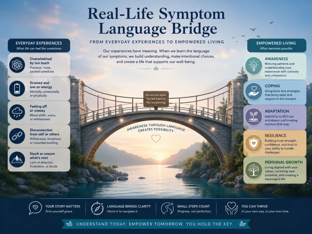 Trauma Integration Symptom Language Bridge Visual bridge linking daily experiences, awareness, adaptation, coping patterns, and resilience learning.