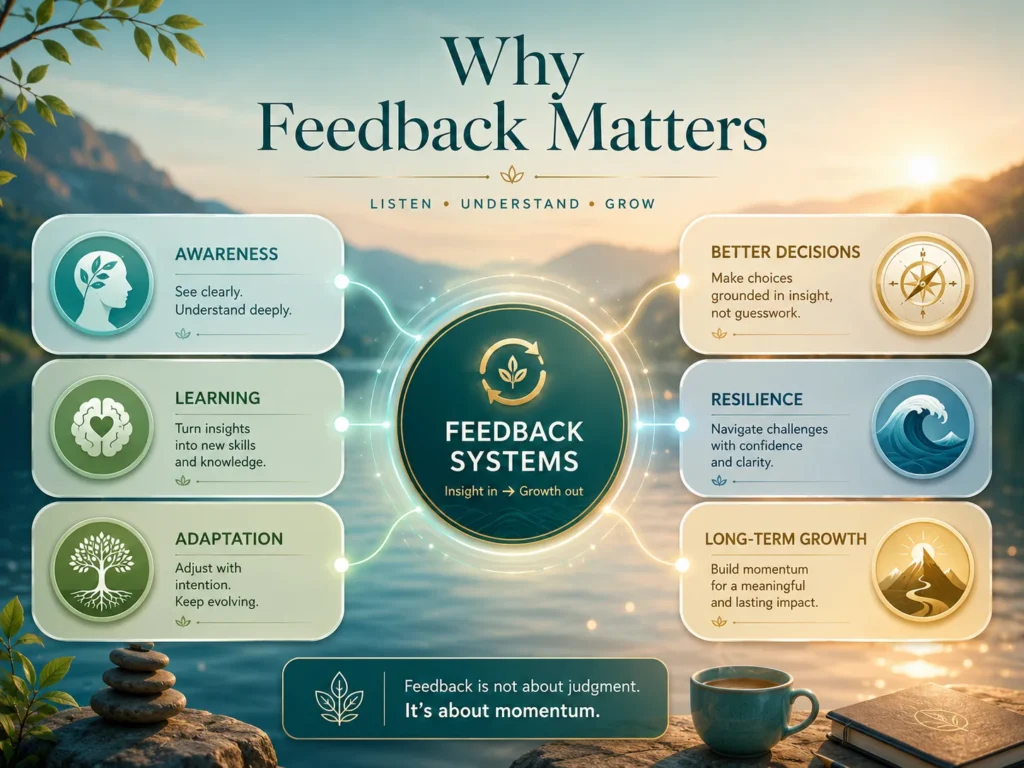 Why Feedback Matters Why Feedback Systems matter infographic showing awareness, decisions, learning, adaptation, resilience, and growth.