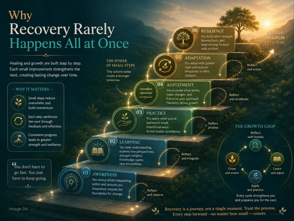 Educational staircase infographic showing gradual recovery progression and adaptation over time.