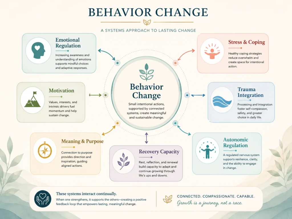 Behavior Change System Interactions Behavior Change system interactions with Emotional Regulation, Stress and Coping, Motivation, Trauma Integration, Meaning and Purpose, and Recovery Capacity