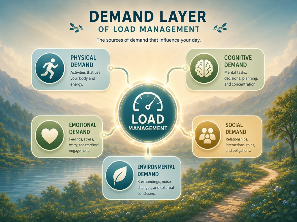 Demand Layer of Load Management showing physical, mental, emotional, social, and environmental demands.