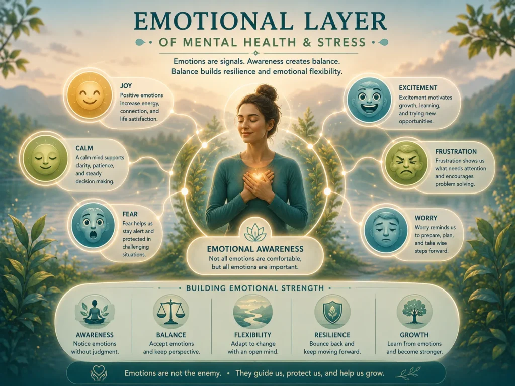 Emotional Layer of Mental Health and Stress Emotional Layer of Mental Health and Stress showing awareness, emotions, resilience, and emotional flexibility.