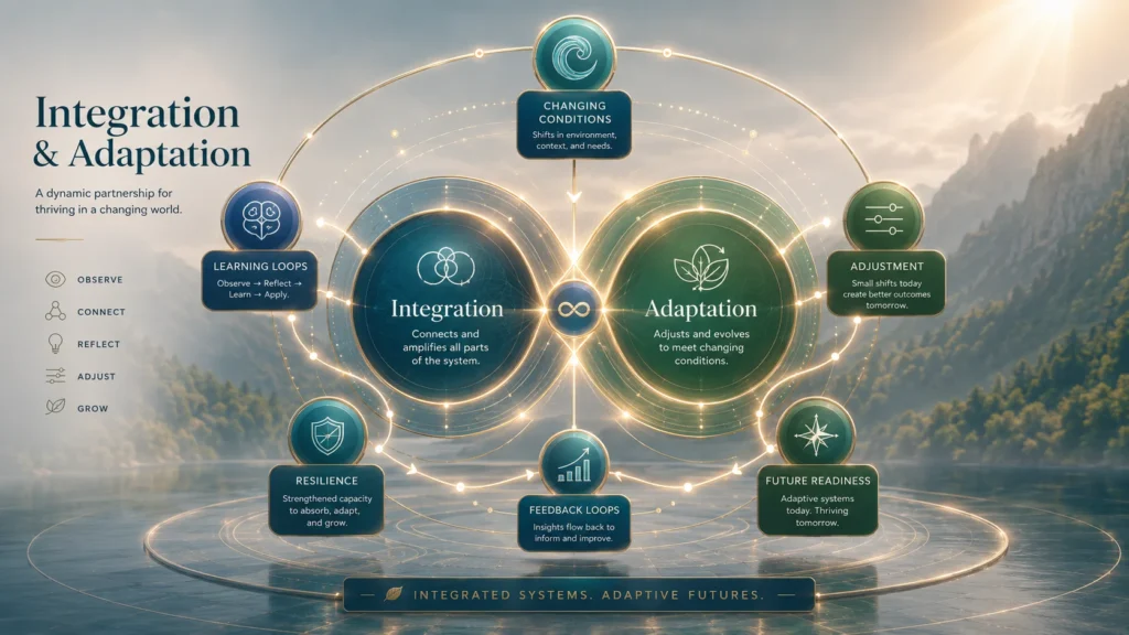 Integration and Adaptation Explained Adaptive systems infographic showing learning loops, adjustment pathways and resilience building.