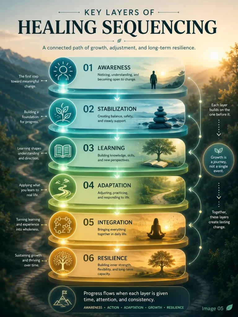 Healing Sequencing layered infographic showing awareness, stabilization, learning, adaptation, integration, and resilience.
