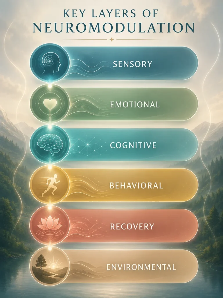 Key Layers of Neuromodulation Key layers of Neuromodulation infographic showing sensory, emotional, cognitive, behavioral, recovery, and environmental layers.