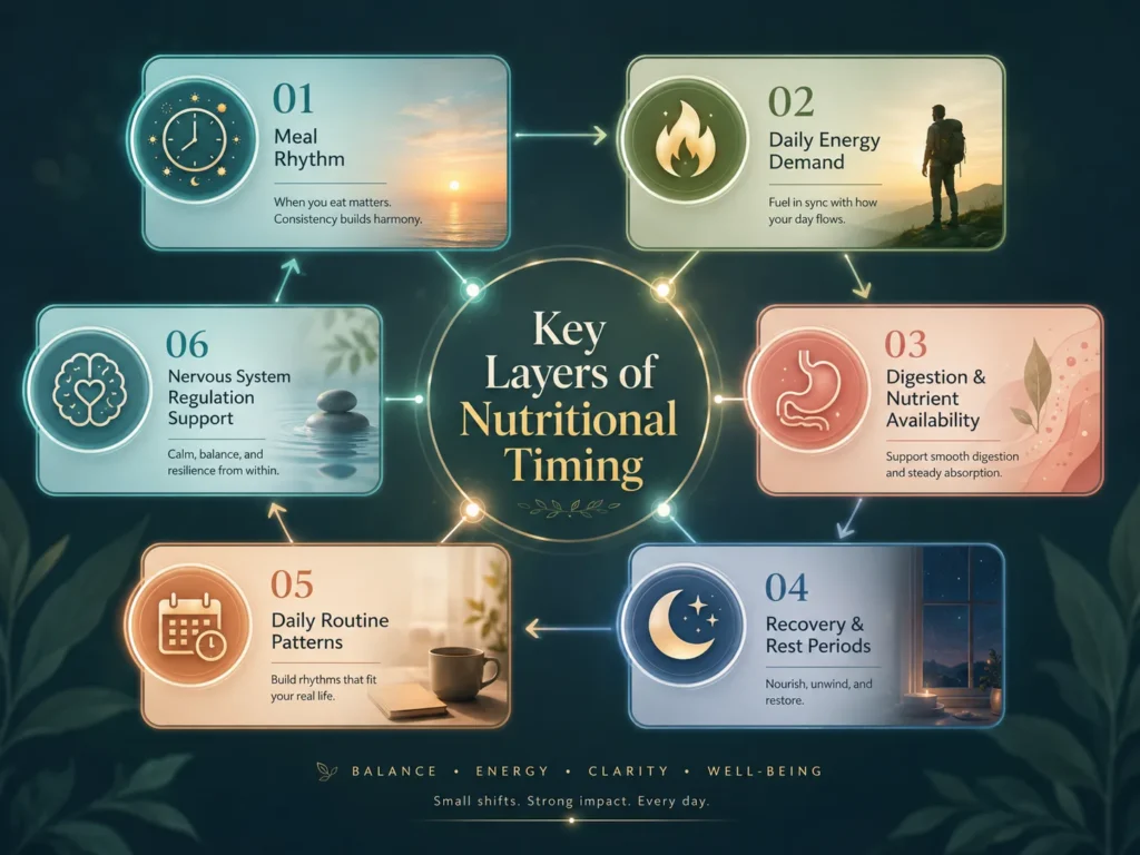 Key Layers of Nutritional Timing Key layers of Nutritional Timing system map showing meal rhythm, daily energy demand, digestion, recovery periods, routine patterns, and nervous system regulation.