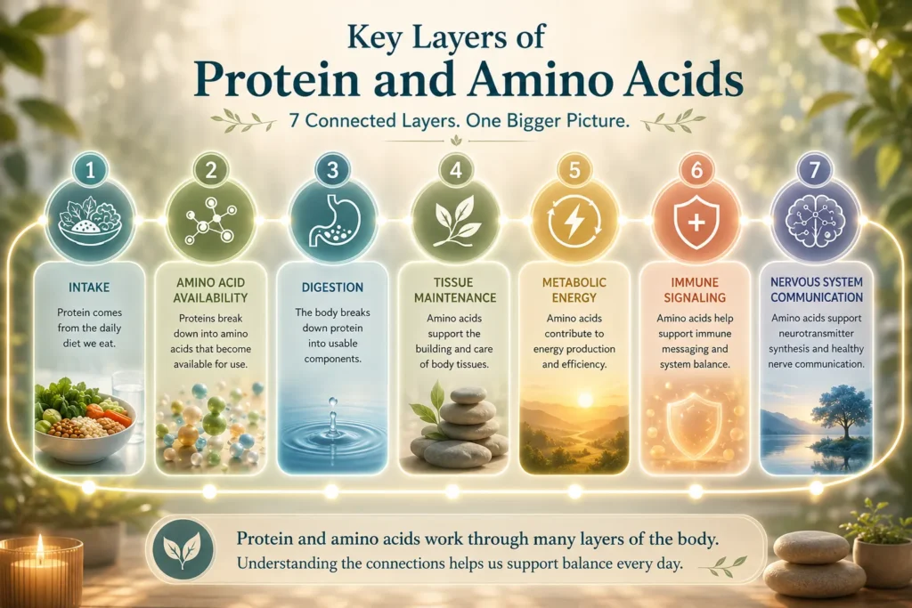 Key layers of Protein and Amino Acids system map showing intake, digestion, metabolism, tissue maintenance, and nervous system education.