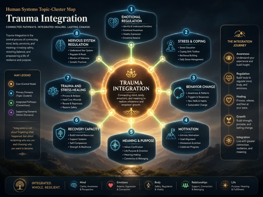 Trauma Integration and Human Systems Map Human Systems map showing Trauma Integration connected to emotional regulation, coping, motivation, and resilience.
