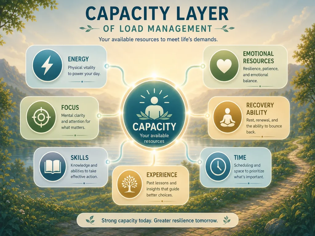 Capacity Layer of Load Management showing energy, focus, skills, emotional resources, recovery ability, and experience.