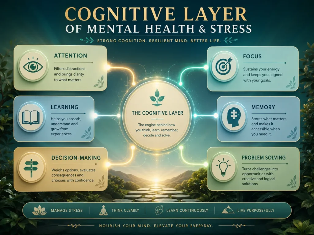 Cognitive Layer of Mental Health and Stress Cognitive Layer of Mental Health and Stress showing attention, learning, focus, memory, and decision-making.