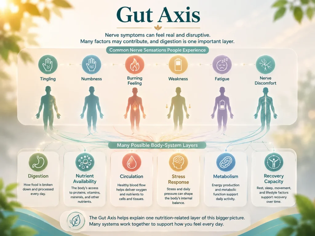 Gut Axis Symptom Language Bridge Gut Axis symptom bridge image showing nerve discomfort, tingling, numbness, burning feelings, and multiple possible body-system layers.