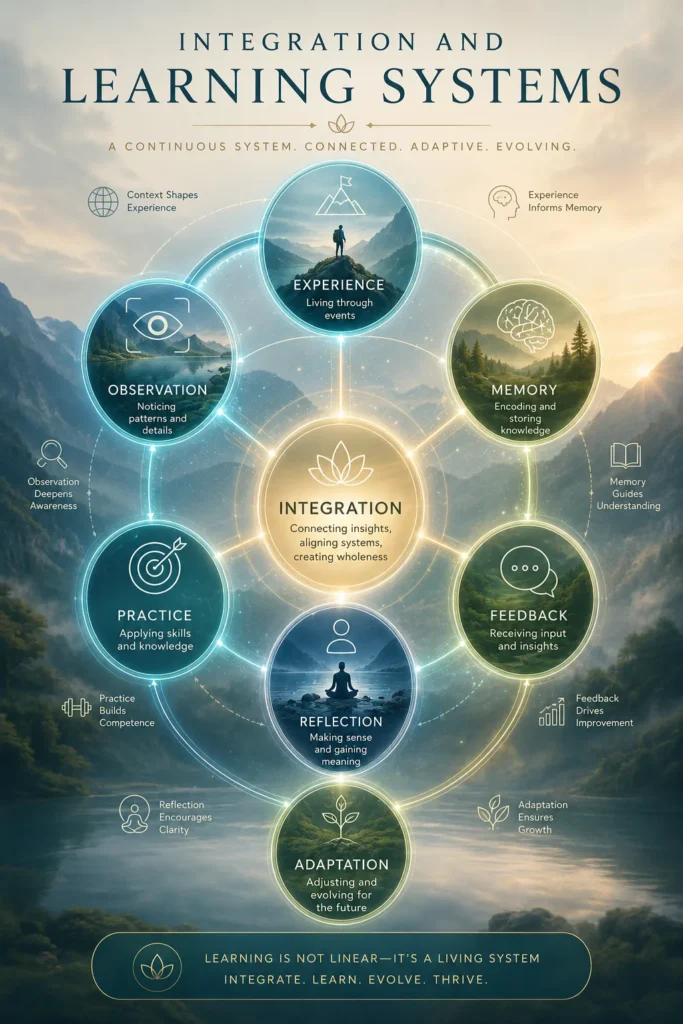 Learning Systems and Integration Network diagram showing experience, observation, memory, practice and adaptation connections.