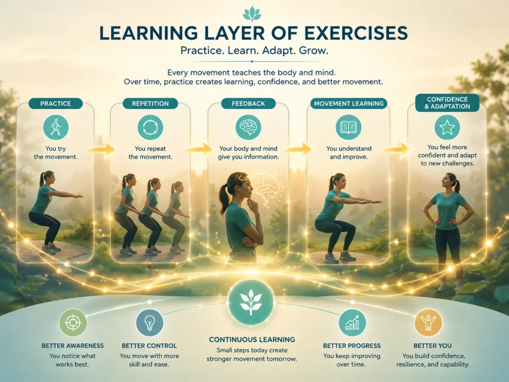 Learning Layer of Exercises Learning Layer of Exercises showing practice, repetition, feedback, movement learning, and confidence.