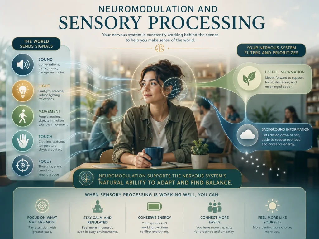 Neuromodulation and Sensory Processing Neuromodulation sensory processing image showing sound, light, movement, touch, focus, and attention filtering.