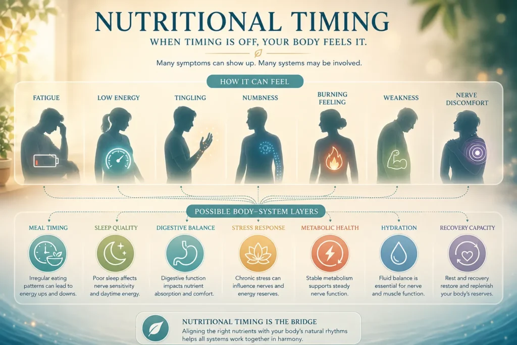 Nutritional Timing Symptom Language Bridge Nutritional Timing symptom bridge image showing fatigue, tingling, numbness, low energy, and multiple possible body-system layers.
