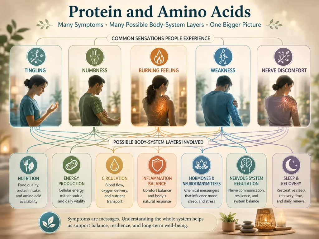 Protein and Amino Acids symptom bridge image showing tingling, numbness, burning, weakness, and many possible causes.