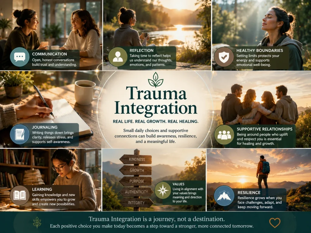 Practical Daily-Life Examples of Trauma Integration Everyday scenes illustrating communication, self-awareness, resilience, coping habits, and personal growth.