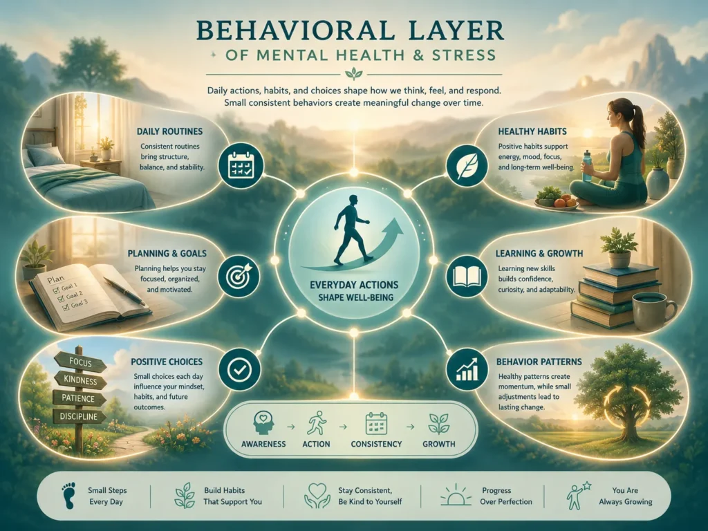 Behavioral Layer of Mental Health and Stress Behavioral Layer of Mental Health and Stress showing habits, routines, choices, actions, and daily behavior.