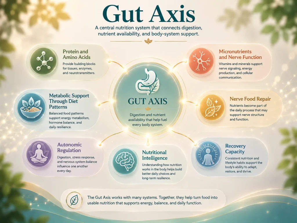 Gut Axis System Interactions Gut Axis interaction map connecting Protein and Amino Acids, Micronutrients, Metabolic Support, Nerve Food Repair, and Autonomic Regulation.