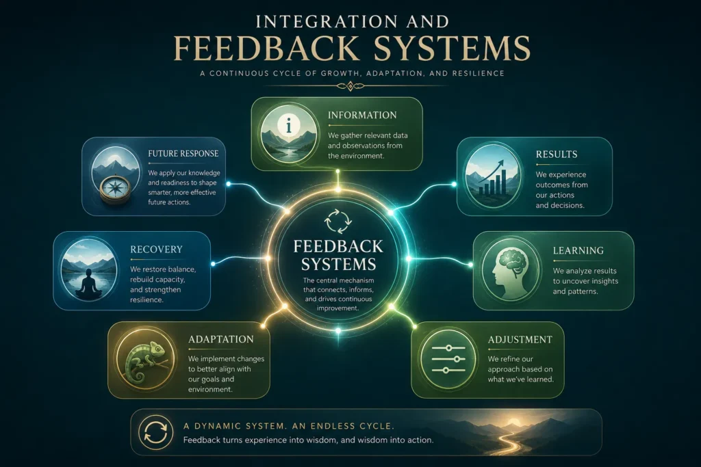 Feedback Systems and Integration Feedback systems infographic connecting information, results, learning, adjustment and recovery.