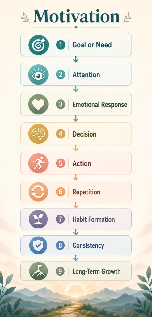 Motivation Visual Flow Motivation visual flow from goals and needs to action, habits, consistency, and growth