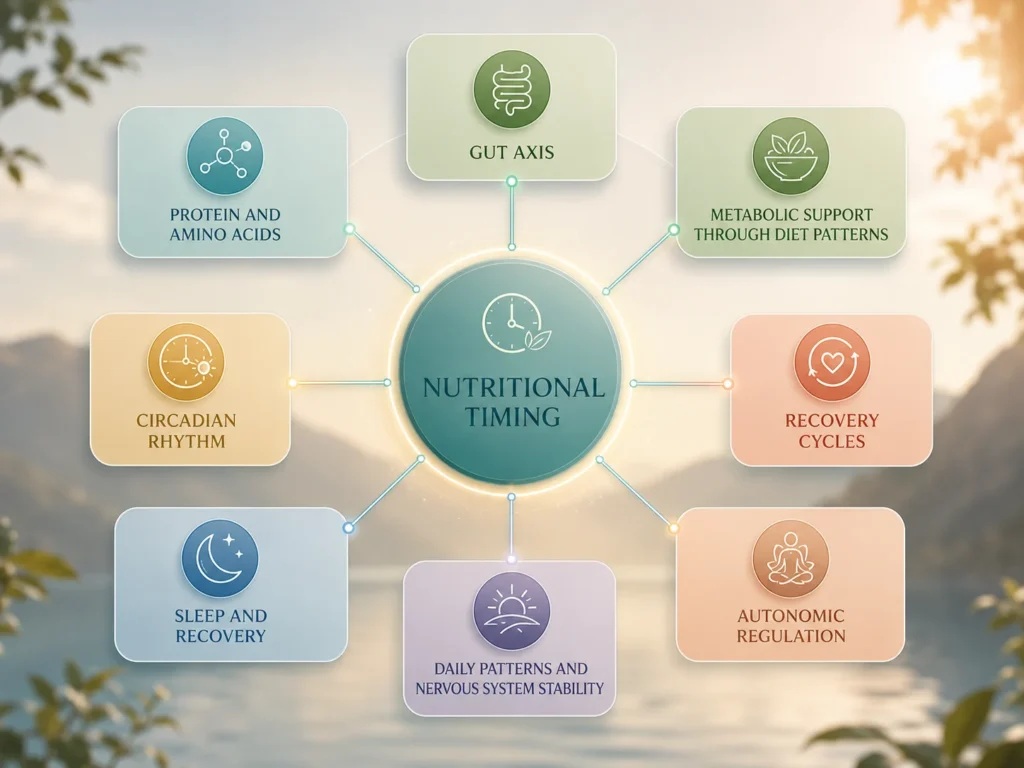 Nutritional Timing System Interactions Nutritional Timing interaction map connecting Gut Axis, Protein and Amino Acids, Metabolic Support, Circadian Rhythm, and Recovery Cycles.