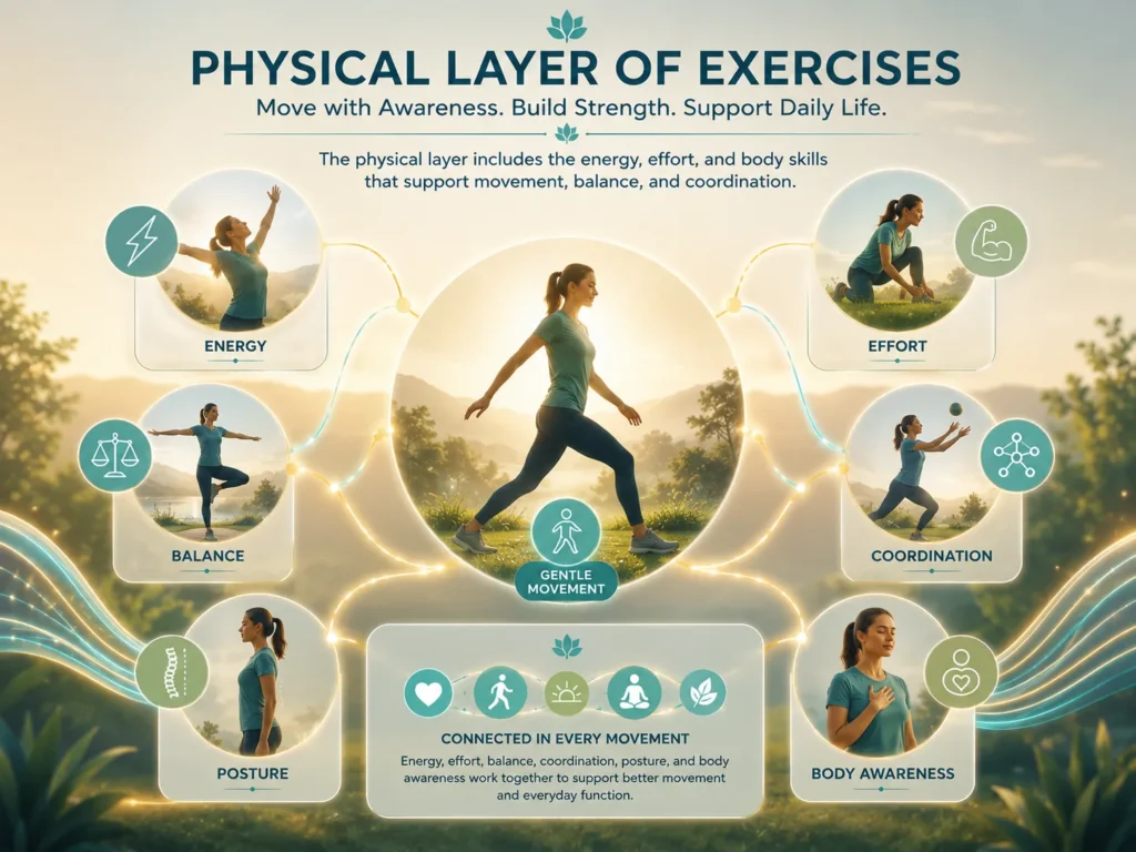 Physical Layer of Exercises Physical Layer of Exercises showing energy, effort, strength, balance, coordination, and body awareness.