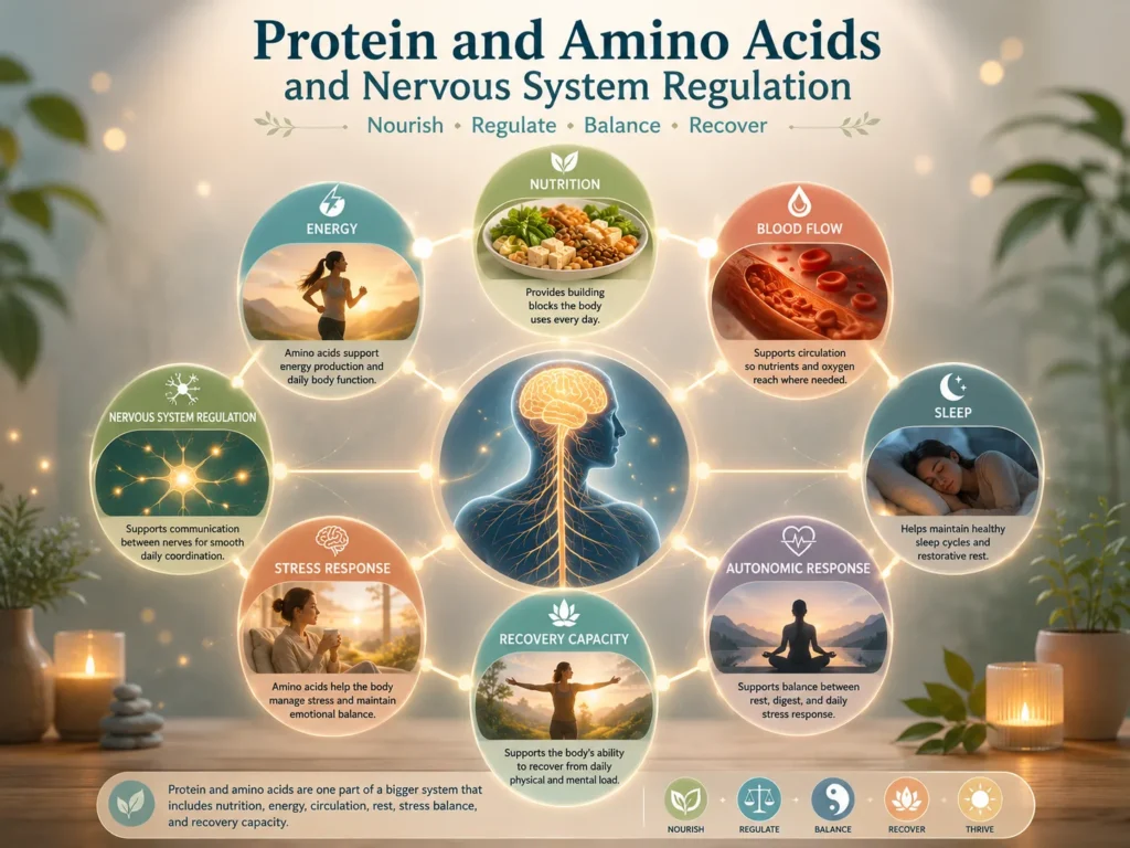 Protein and Amino Acids and nervous system regulation image showing nutrition, autonomic response, sleep, stress, and recovery capacity.