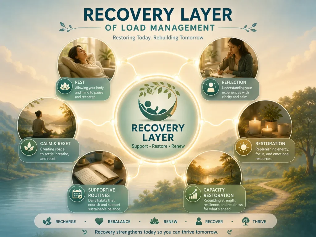 Recovery Layer of Load Management showing rest, restoration, reflection, calm routines, and capacity restoration.