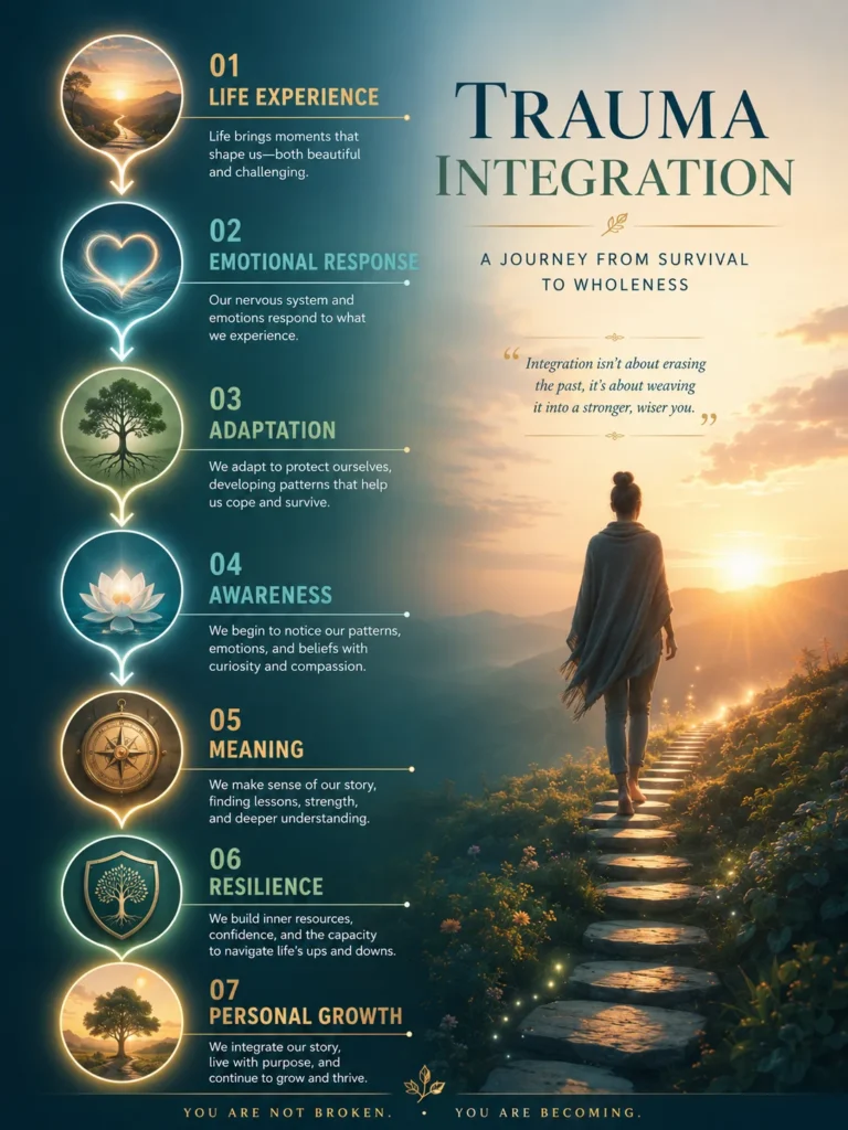 Trauma Integration Visual Flow Visual flow chart showing experience, awareness, adaptation, meaning, resilience, and growth.